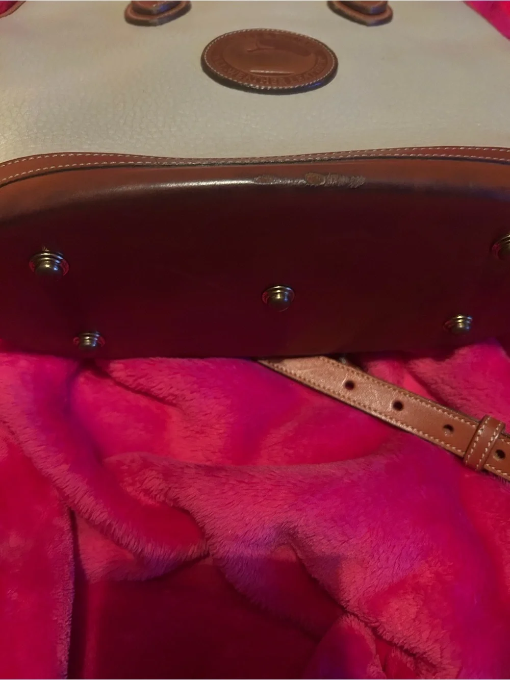 Dooney & Bourke Cream Pebbled Leather Satchel with Brown Trim